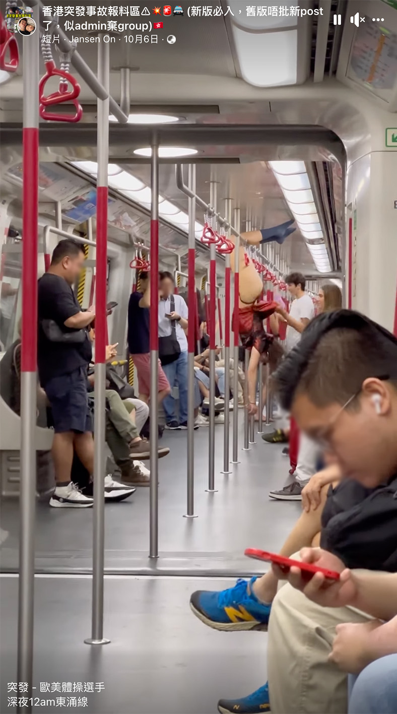 網上瘋傳外藉女生車箱倒吊影片！著短裙腳卡扶手位！下身盡露益街坊！