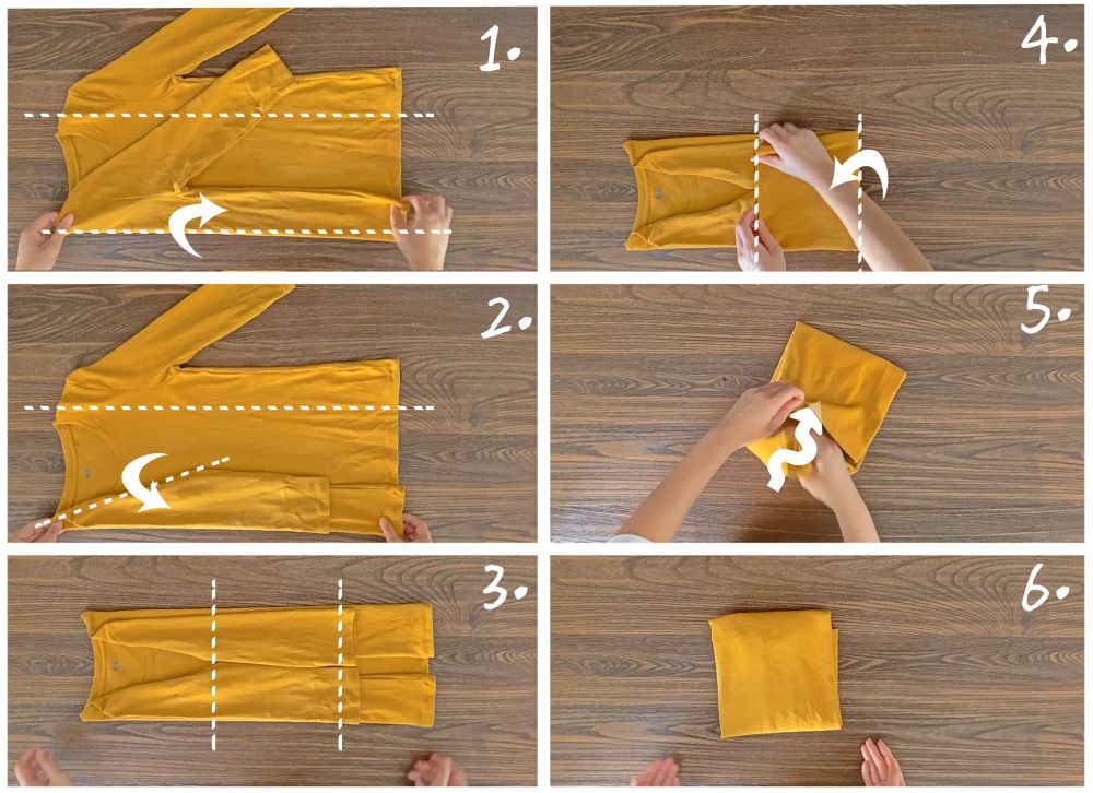 Step-by-step folding sequence for a long sleeve shirt laid flat on a table