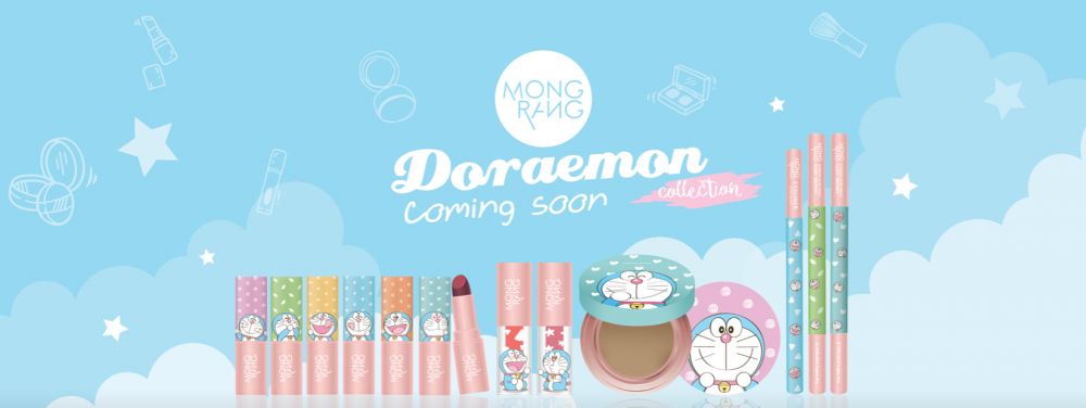 泰國粉嫩色《多啦A夢》美妝產品！6色唇膏、防曬粉餅、眼線筆、眉筆！