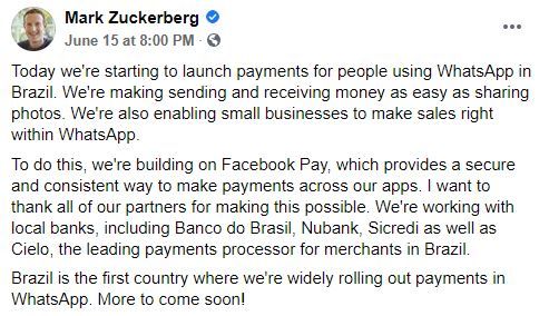 WhatsApp 正式開通付款功能！以後聚餐「過數」更加方便！率先在巴西推行！