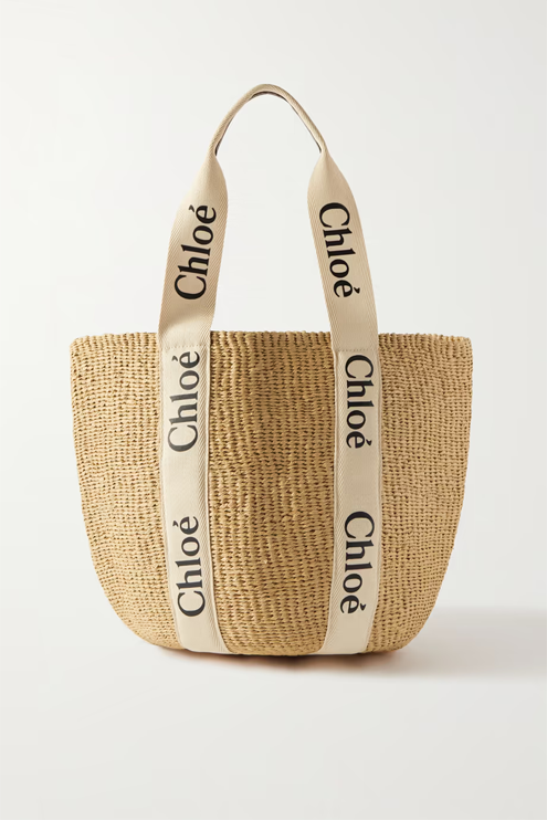 CHLOÉ Woody large printed leather-trimmed canvas and raffia  網購價 HK$5,800