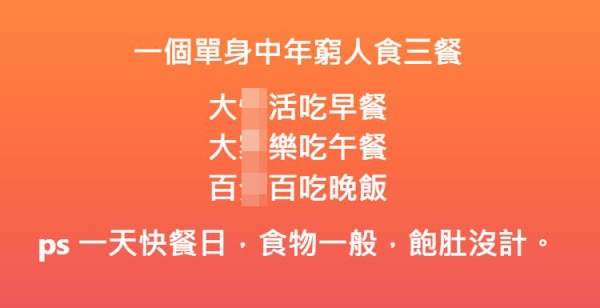 網民分享單身中年窮人三餐 留言：窮人只吃兩餐