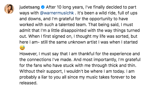 31歲女歌手JUDE曾若華突然宣布離巢華納唱片 清空IG再撰長文：「至少我有自由」