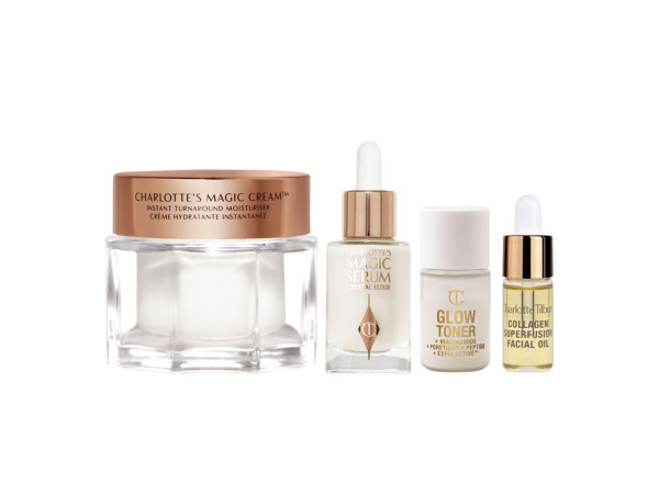 【10.29一日限定套裝】魔法面霜護膚套裝 HK$790 (價值HK$1,154)｜Charlotte Tilbury's MAGIC CREAM  魔法面霜 50ml、Charlotte Tilbury's MAGIC SERUM CRYSTAL ELIXIR魔法水晶能量精華旅行裝 8ml、GLOW TONER魔法光透柔膚液 5ml、COLLAGEN SUPERFUSION FACIAL OIL 膠原蛋白魔法精華油3.6ml
