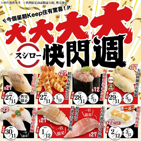 壽司郎期間限定優惠週！六款不同商品快閃登場！$27食大吞拿魚腩！