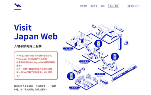 日本數碼廳曾在官網發公告，發現冒充Visit Japan Web服務的可疑手機app，提醒民眾小心。（圖片來源︰Visit japan web官網）
