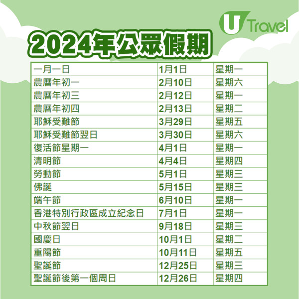 2024公眾假期（U Travel 製圖）