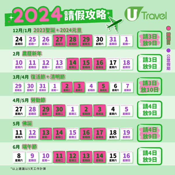 2024年公眾假期請假攻略月曆（U Travel 製圖）