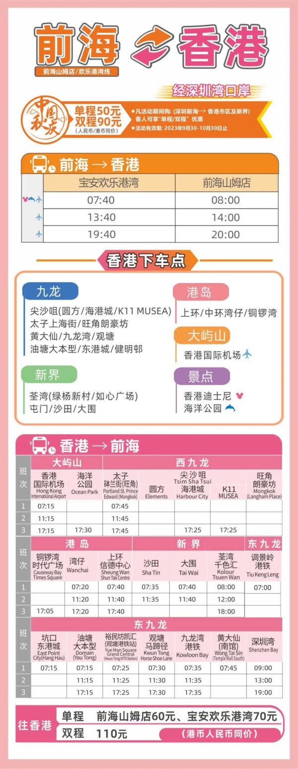 山姆超市前海店來回香港巴士班次(圖片來源:歡樂港灣) 山姆超市前海店來回香港巴士班次交通