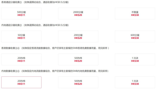HK$11 服務組合包括香港通話分鐘收費 500 分鐘、內地通話分鐘收費 50分鐘、香港數據 200MB 或內地數據 200MB，各位可按需要選擇。