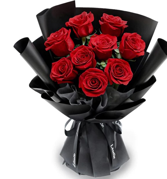 情人節花束選擇1：Léselle Florist鮮花花束 - 經典紅玫瑰（黑色花紙）9/11枝 HK$799