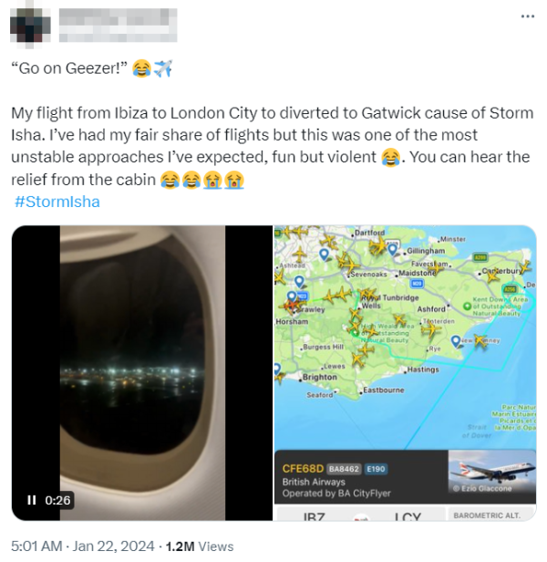 英國伊莎風暴｜英國航班受伊莎強風吹襲 驚險過程曝光！成功降落乘客歡呼 