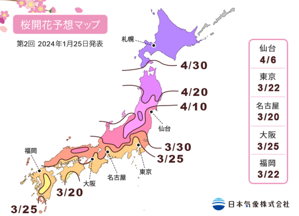 2024大阪櫻花預測開花日期及滿開 (圖片來源：日本氣象株式會社)