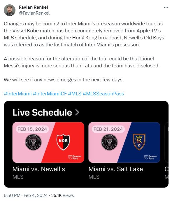 外媒稱國際邁阿密日本之行有變數？串流平台神戶勝利船賽事直播被指突然消失 