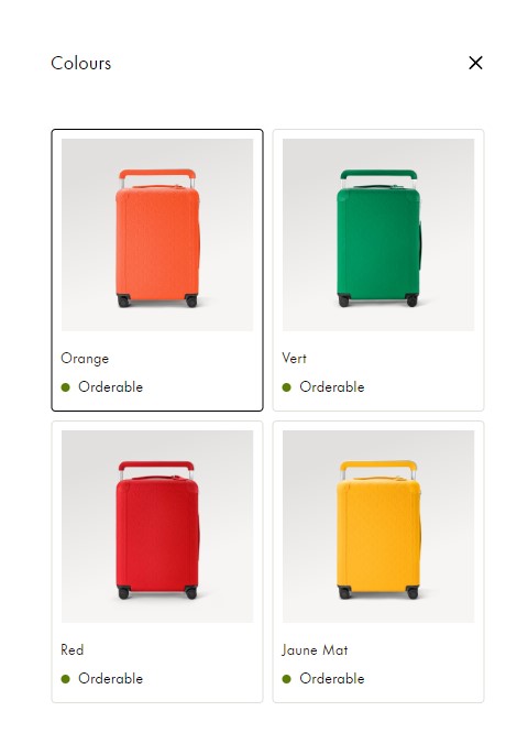 美斯行李，橙色行李箱為名牌LV，外觀似乎是Horizon 55，在法國製造，使用Taurillon皮革，綴以Monogram壓花圖案，尺寸為38 x 55 x 21厘米。在官方網站上，這款行李箱的售價為HK$39,500。