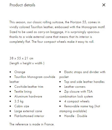 美斯行李，橙色行李箱為名牌LV，外觀似乎是Horizon 55，在法國製造，使用Taurillon皮革，綴以Monogram壓花圖案，尺寸為38 x 55 x 21厘米。在官方網站上，這款行李箱的售價為HK$39,500。