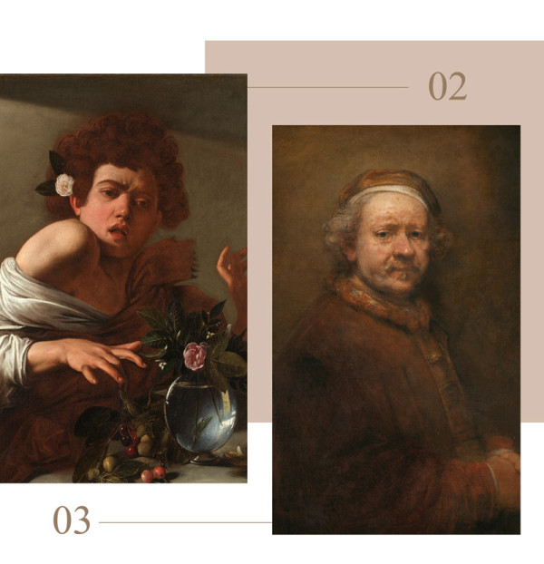 02. 卡拉瓦喬(15711610)《被蜥蜴咬傷的男孩（局部）》(約1594-1595 )；03.林布蘭(16061669)《63歲自畫像（局部）》(1669)