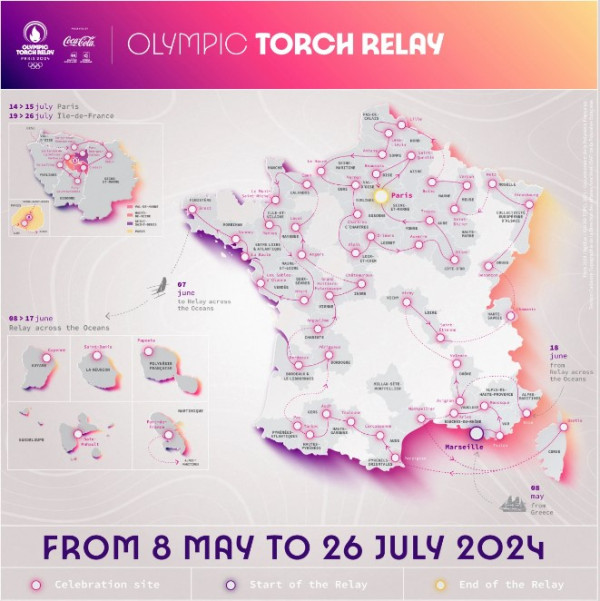 2024巴黎奧運聖火傳遞路線(圖片來源︰olympics.com) 2024巴黎奧運聖火傳遞路線