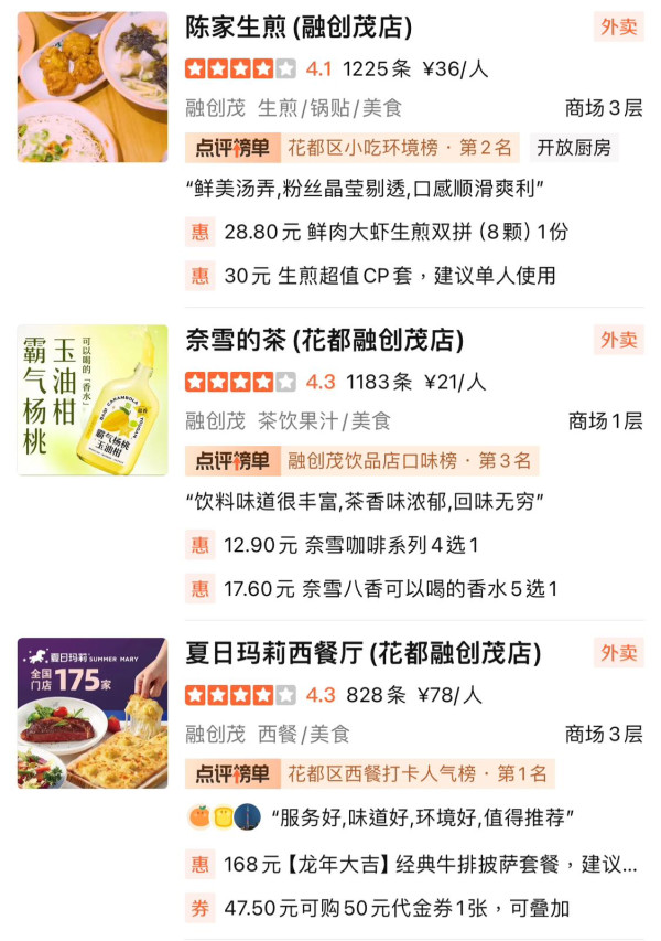 廣州融創茂商場的部分美食選擇。(圖片來源:大眾點評) 廣州融創茂商場的部分美食選擇。(圖片來源:大眾點評)