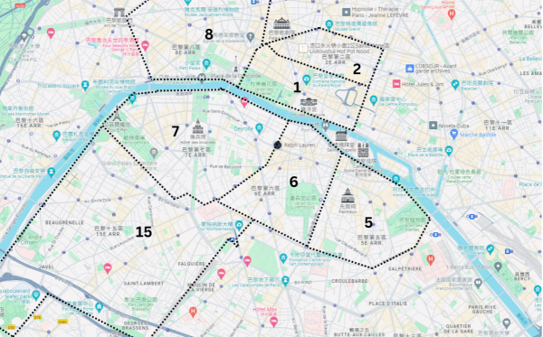 巴黎住宿安全分區地圖（圖片來源：Google Map）