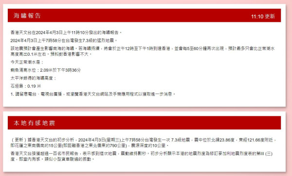 台灣地震7.3級｜本港逾百市民感震動 天文台：海嘯可能於中午抵港