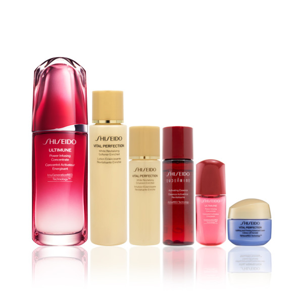 ULTIMUNE皇牌免疫力精華組合 HK$1,050 (價值HK$2,260) 	ULTIMUNE皇牌免疫力精華75ml及10ml 	SHISEIDO EUDERMINE曙光精華水30ml 	VITAL PERFECTION全效美白抗紋滋潤健膚水75ml 	VITAL PERFECTION全效美白抗紋滋潤乳液30ml 	VITAL PERFECTION極上紅花緊緻面霜15ml