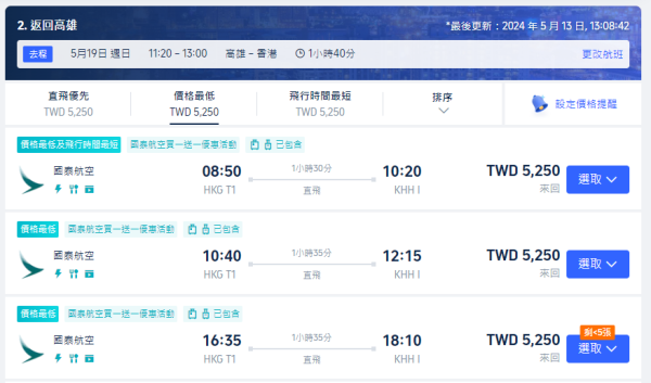 國泰機票優惠買一送一！來回台灣香港 包2件行李 