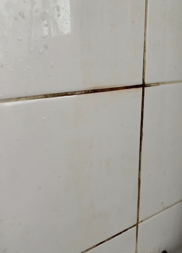 用檸檬酸清潔後，白色瓷磚漬明顯洗掉。（Facebook「12蚊店關注組」）