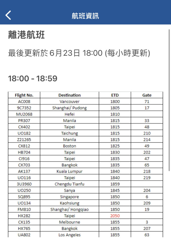 機管局手機應用程式顯示最新航班資料。（圖片來源：手機截圖）