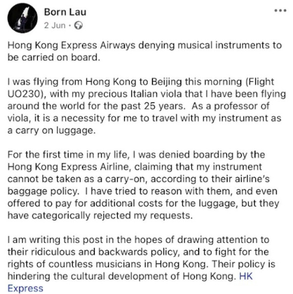 提琴家帶手提樂器被拒上機 發文望航空公司關注:考慮方便音樂家出行
