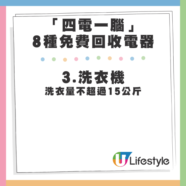 「四電一腦」現時8種免費回收電器 - 洗衣機。資料來源：香港減廢網站