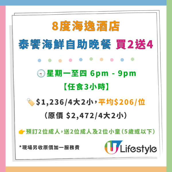 8度海逸酒店自助餐買2送4優惠！$206任食生蠔／鱈場蟹腳／脆皮豬手／紅燒花膠／避風塘軟殼蟹