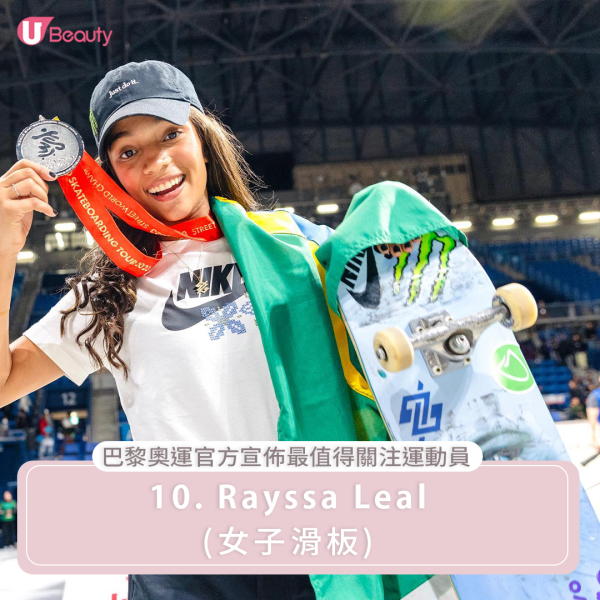巴黎奧運官方宣布最值得關注運動員10. Rayssa Leal|巴西的青少年滑板天才Rayssa Leal將出戰2024年巴黎奧運會的女子街式滑板比賽,這位年輕時被稱為「小仙女」的滑板選手將與英國的天才滑板手Sky Brown同場競技,希望能將她在2020年東京奧運會獲得的銅牌升級為金牌。