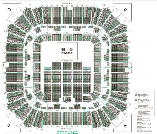 香港體育館（紅館）正面舞台（三面台）座位表。（資料來源︰康文署城市售票網）