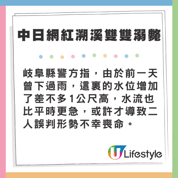 中日網紅溯溪 丈夫意外落水 妻急救援雙雙溺斃 