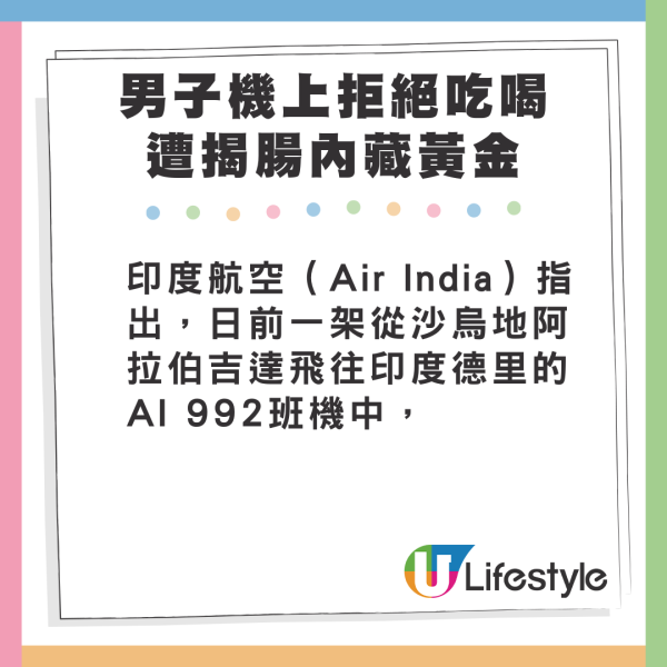 男子機上拒絕飲水進食 遭舉報後發現腸內藏黃金 