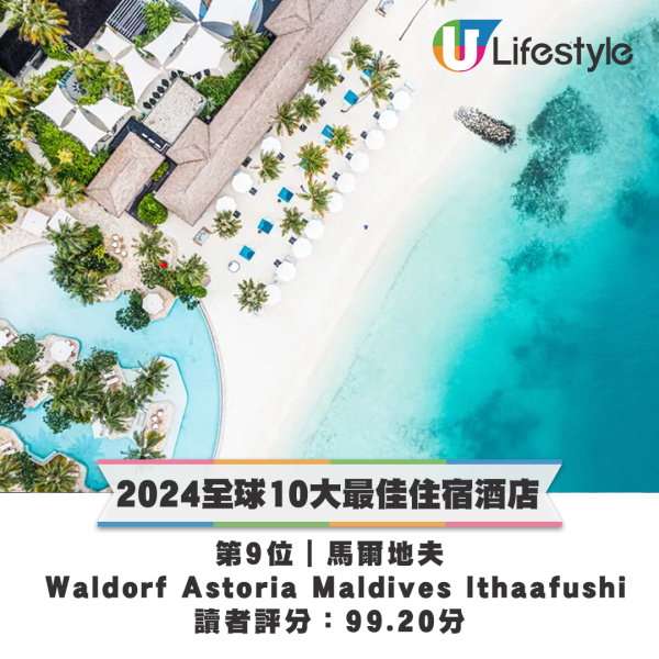 第9位｜馬爾地夫 Waldorf Astoria Maldives Ithaafushi，讀者評分：99.20分。來源：Travel+Leisure