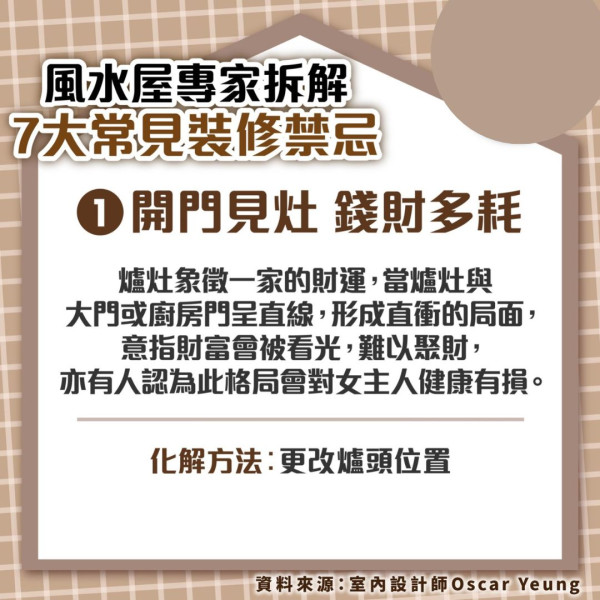 裝修禁忌丨開門見灶、大門直通睡房似刀指心臟...  風水屋專家教化解7大裝修禁忌