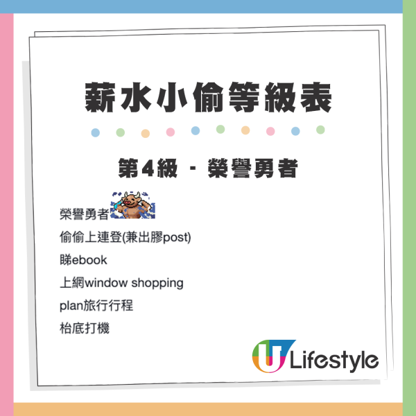 網友以遊戲的角色地位來區分打工仔作為薪水小偷的級別，第4級 - 榮譽勇者。來源：LIHKG討論區