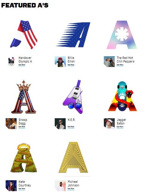 多位美國名人,包括電影明星、著名歌手、明星運動員為「A」貢獻個人及明星化的設計。(圖片來源︰https://la28.org) 多位美國名人,包括電影明星、著名歌手、明星運動員為「A」貢獻個人及明星化的設計。(圖片來源︰https://la28.org)