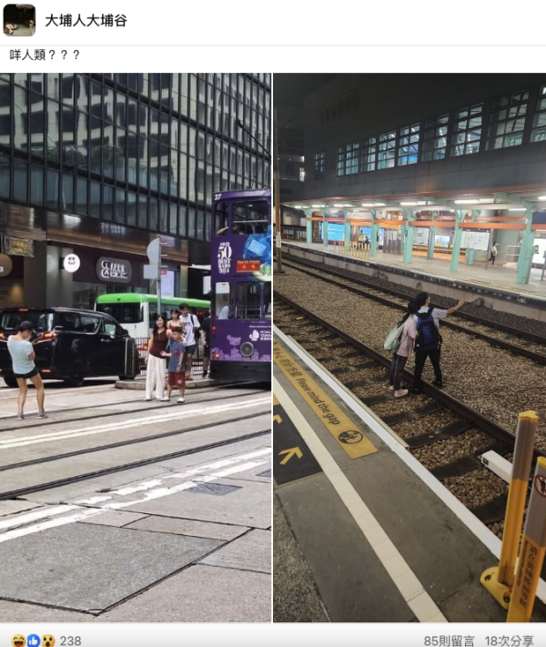 母子站在電車路軌上拍照留念引熱議。來源：Facebook@大埔人大埔谷