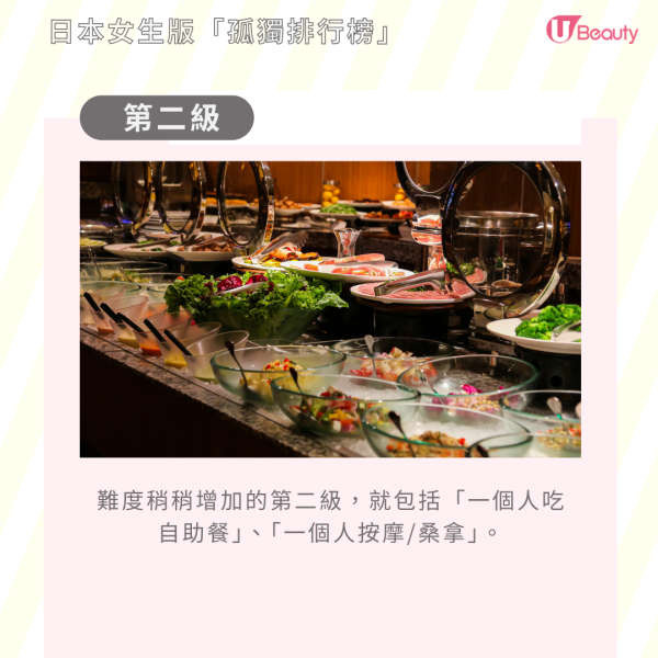 第二級：難度稍稍增加的第二級，就包括「一個人吃自助餐」、「一個人按摩/桑拿」。