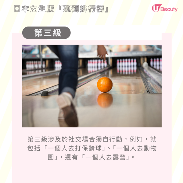 第三級：涉及於社交場合獨自行動，例如，就包括「一個人去打保齡球」、「一個人去動物園」，還有「一個人去露營」。