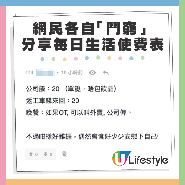 亦有網民與港男在「窮人界」一爭高下，分享其每日開支使費，，當中更有人每日使費低至$0。來源：LIHKG討論區