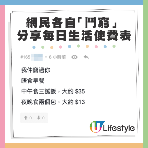 亦有網民與港男在「窮人界」一爭高下，分享其每日開支使費，，當中更有人每日使費低至$0。來源：LIHKG討論區