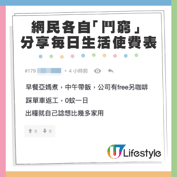 亦有網民與港男在「窮人界」一爭高下，分享其每日開支使費，，當中更有人每日使費低至$0。來源：LIHKG討論區