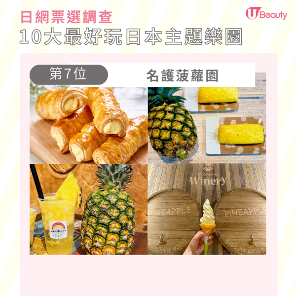 第7名：名護菠蘿園  沖繩北部著名景點之一的名護菠蘿園，擁有廣大的菠蘿田，這裡栽種著各種品種的菠蘿，每當季節轉換，園內的菠蘿園便如同一片五顏六色的海洋。