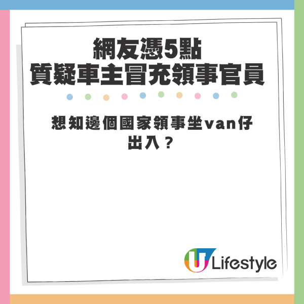 网友凭5点质疑车主冒充领事官员。来源：Facebook@车cam L（香港群组）