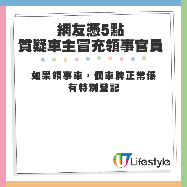 网友凭5点质疑车主冒充领事官员。来源：Facebook@车cam L（香港群组）