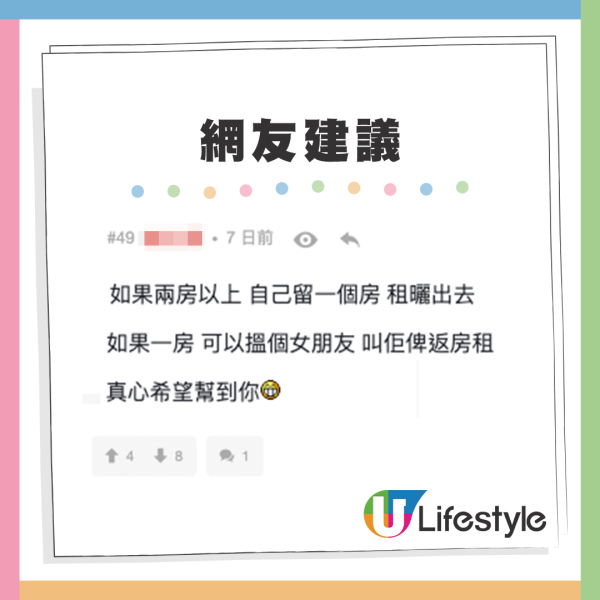 網友力勸港男要諗清楚，切勿輕易放棄物業，並提出減輕供樓負擔的建議。來源：LIHKG討論區